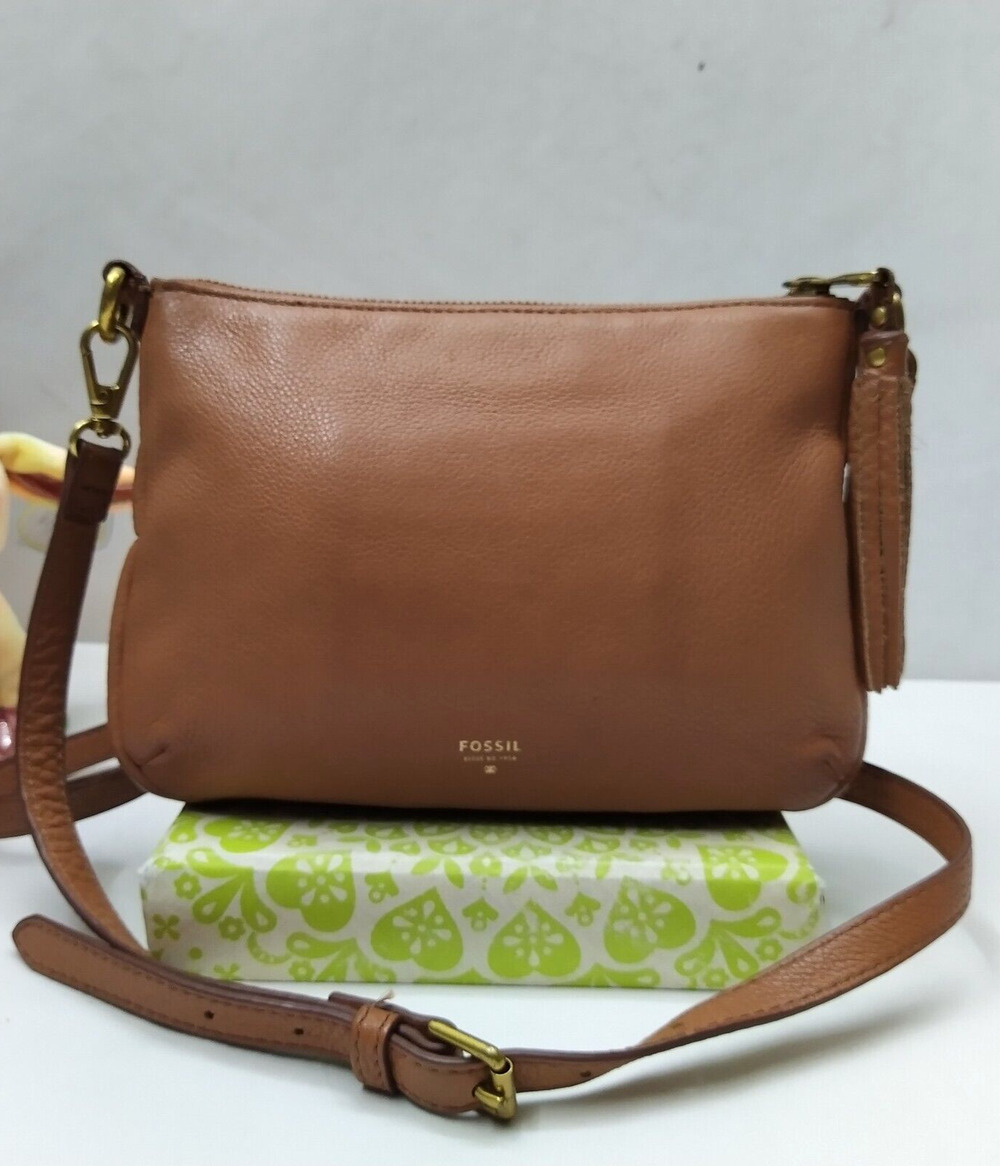 Fossil Brown Leather Tassel Zipper Closure Small Crossbody Bag